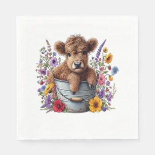 Highland Cow in Flower Bucket , Cute Napkin