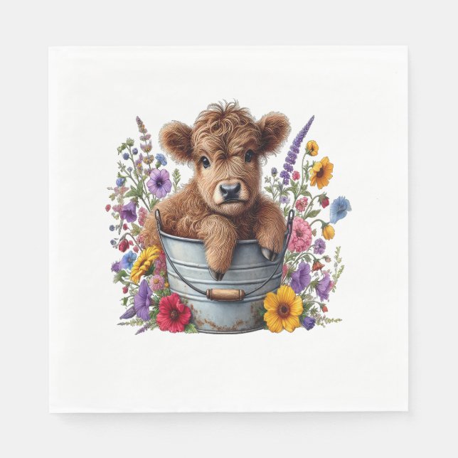 Highland Cow in Flower Bucket , Cute Napkin (Front)