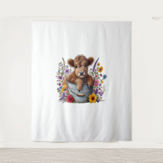 Highland Cow in Flower Bucket , Cute Tapestry