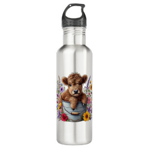 Highland Cow in Flower Bucket Png, Cute 710 Ml Water Bottle
