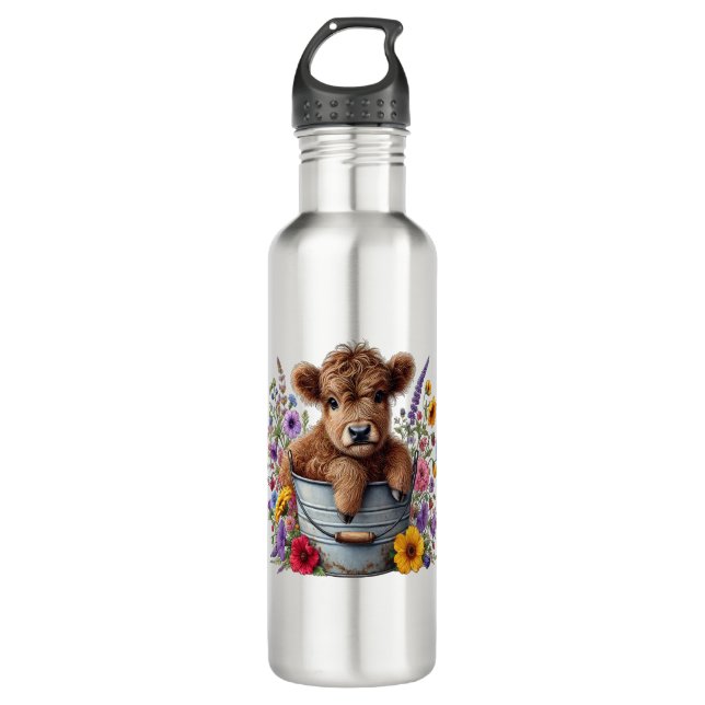 Highland Cow in Flower Bucket Png, Cute 710 Ml Water Bottle (Front)