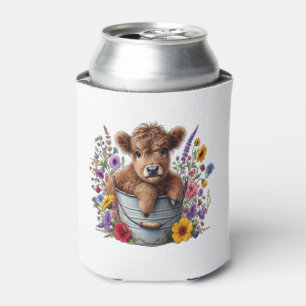 Highland Cow in Flower Bucket Png, Cute Can Cooler