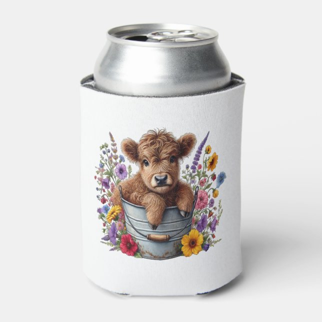 Highland Cow in Flower Bucket Png, Cute Can Cooler (Can Front)