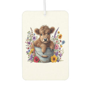 Highland Cow in Flower Bucket Png, Cute Car Air Freshener