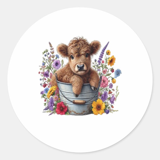 Highland Cow in Flower Bucket Png, Cute Classic Round Sticker (Front)
