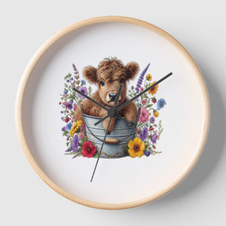 Highland Cow in Flower Bucket Png, Cute Clock