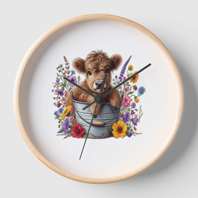 Highland Cow in Flower Bucket Png, Cute Clock (Front)