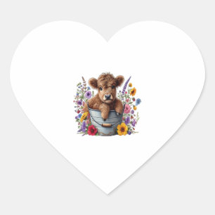 Highland Cow in Flower Bucket Png, Cute Heart Sticker