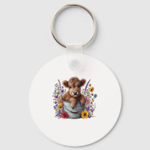 Highland Cow in Flower Bucket Png, Cute Key Ring