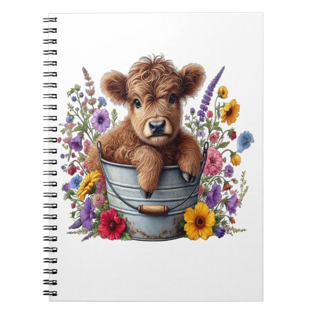 Highland Cow in Flower Bucket Png, Cute Notebook (Front)