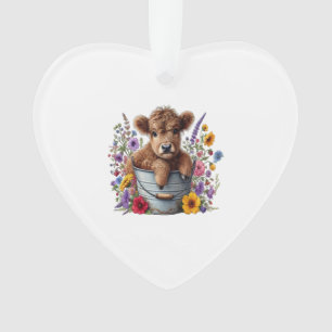 Highland Cow in Flower Bucket Png, Cute Ornament