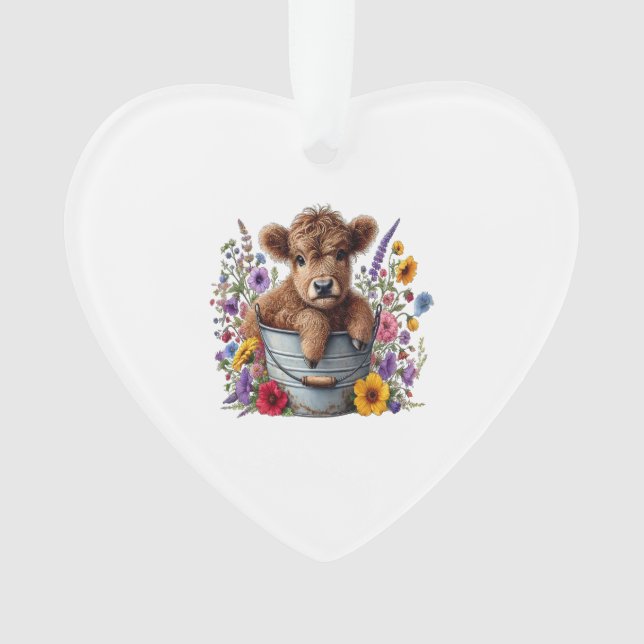 Highland Cow in Flower Bucket Png, Cute Ornament (Front)