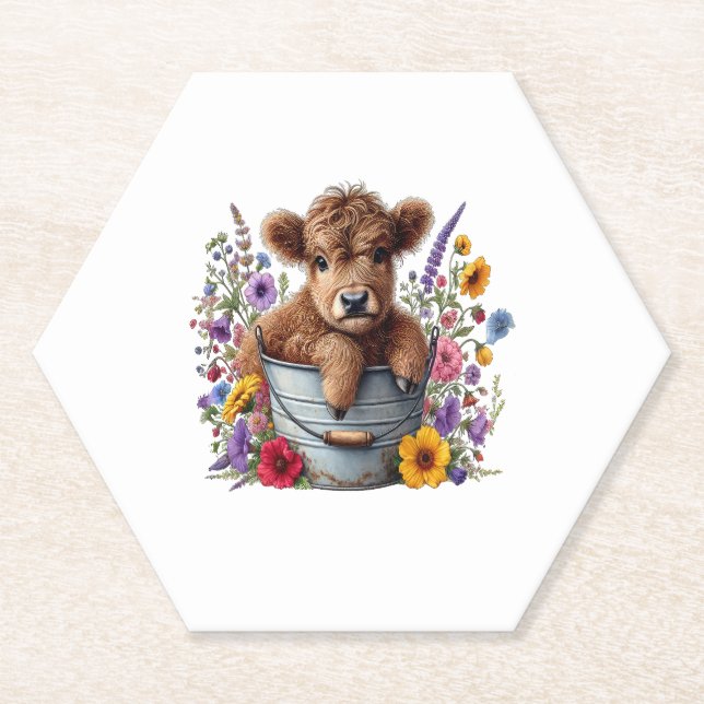 Highland Cow in Flower Bucket Png, Cute Paper Coaster (Front)