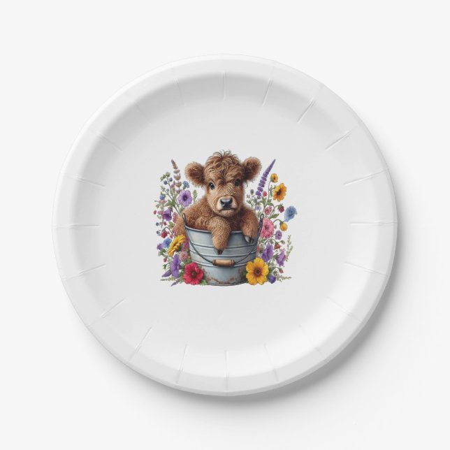 Highland Cow in Flower Bucket Png, Cute Paper Plate (Front)