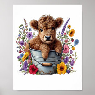 Highland Cow in Flower Bucket Png, Cute Poster