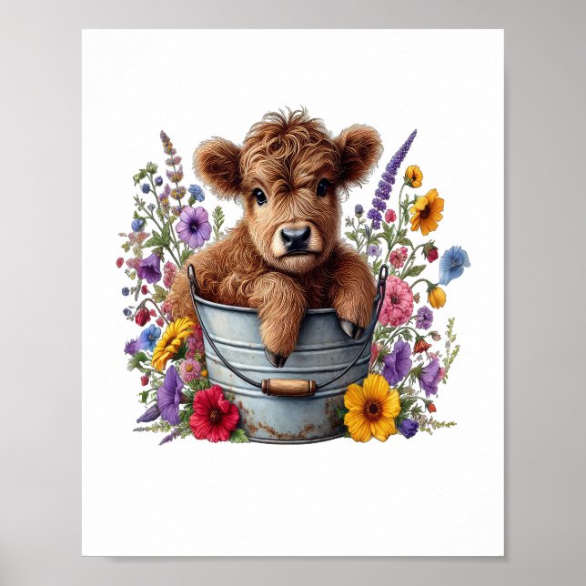 Highland Cow in Flower Bucket Png, Cute Poster (Front)