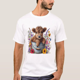 Highland Cow in Flower Bucket Png, Cute T-Shirt