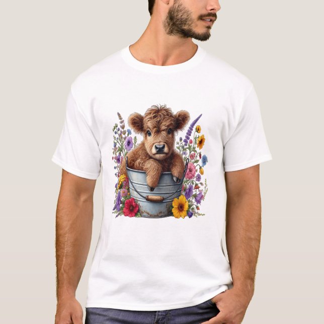 Highland Cow in Flower Bucket Png, Cute T-Shirt (Front)