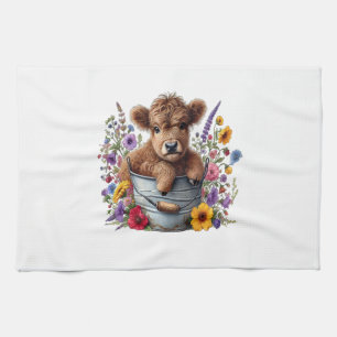 Highland Cow in Flower Bucket Png, Cute Tea Towel