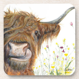 Highland cow in flowers coaster