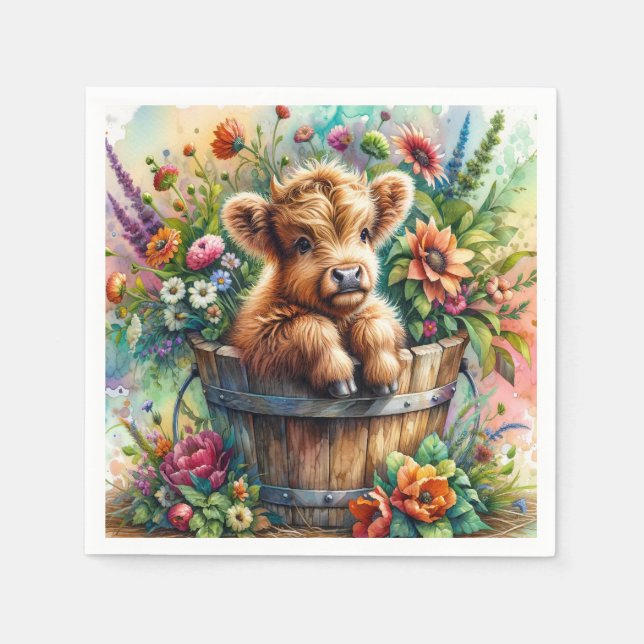 Highland Cow in Flowers Napkin (Front)