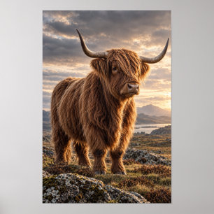 Highland Cow in Golden Mountain Landscape Animal W Poster