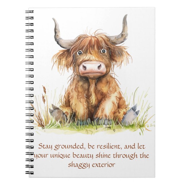 Highland Cow in grass inspirational Notebook (Front)