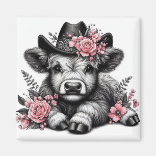 Highland Cow in Hat with Floral Decoration Magnet