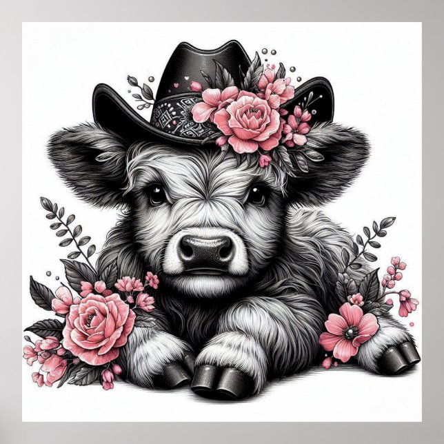 Highland Cow in Hat with Floral Decoration Poster (Front)