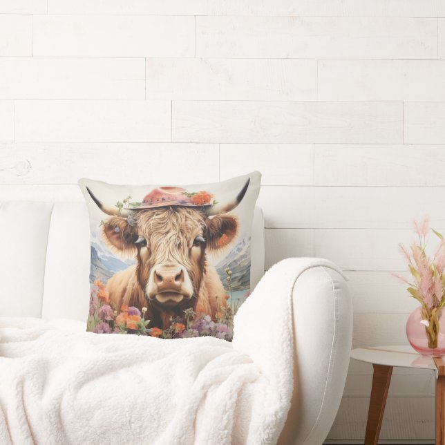 Highland cow in headwear 2 of 4 cushion (Couch)