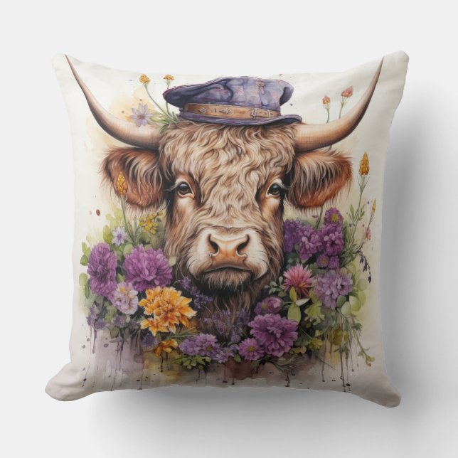 Highland cow in headwear 4 of 4 cushion (Front)