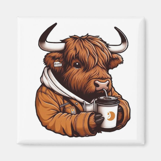  Highland Cow in Jacket Enjoying a Cosy Coffee  Magnet (Front)
