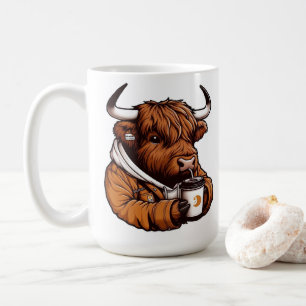 Highland Cow in Jacket Enjoying a Cosy Coffee Mug
