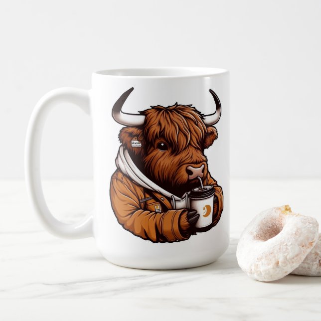  Highland Cow in Jacket Enjoying a Cosy Coffee  Mug (With Donut)