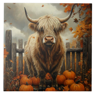Highland Cow in Pumpkin Patch Tile