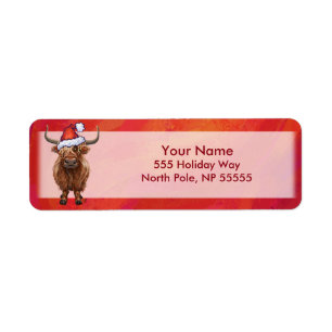 Highland Cow in Santa Hat on Red