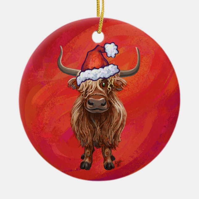 Highland cow in Santa Hat on Red Ceramic Tree Decoration (Front)