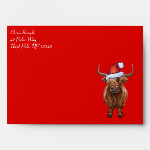Highland cow in Santa Hat on Red Envelope