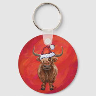 Highland Cow in Santa Hat on Red Key Ring