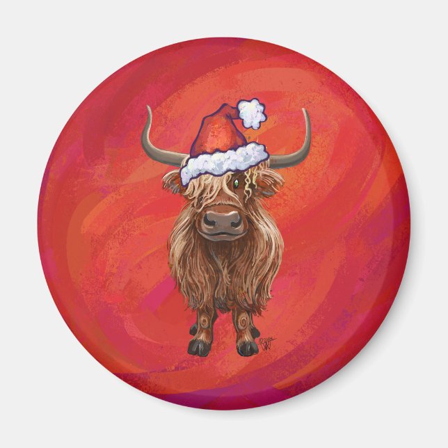 Highland cow in Santa Hat on Red Magnet (Front)