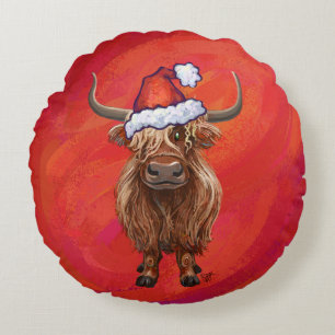 Highland cow in Santa Hat on Red Round Cushion
