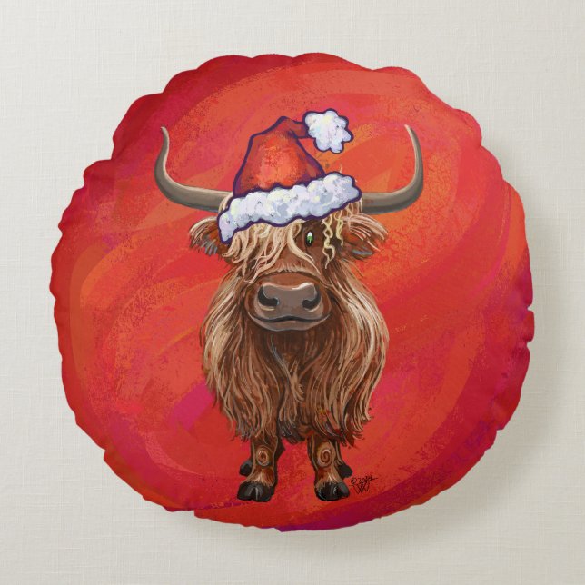 Highland cow in Santa Hat on Red Round Cushion (Front)