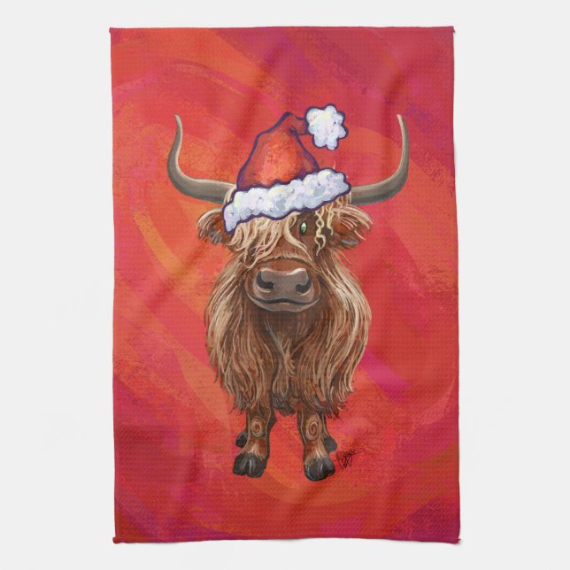 Highland cow in Santa Hat on Red Tea Towel (Vertical)