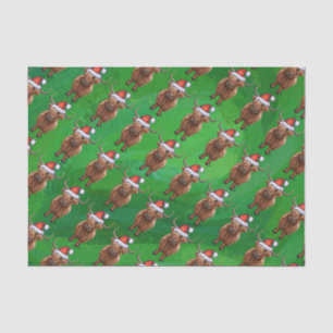 Highland Cow in Santa Hat Pattern On Green Tissue Paper