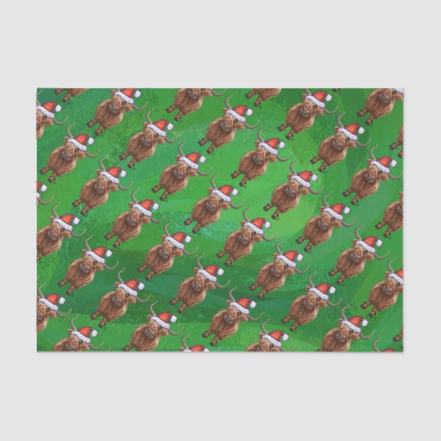 Highland Cow in Santa Hat Pattern On Green Tissue Paper (Front)