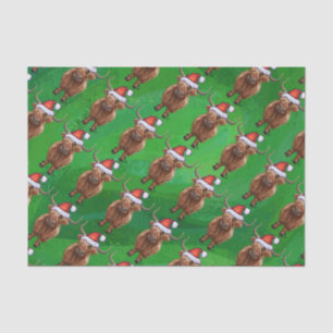 Highland Cow in Santa Hat Pattern On Green Tissue Paper
