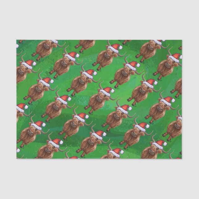 Highland Cow in Santa Hat Pattern On Green Tissue Paper (Front)