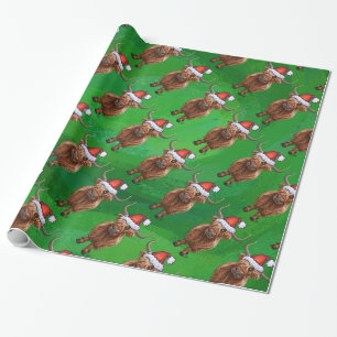 Highland Cow in Santa Hat Pattern On Green Wrapping Paper