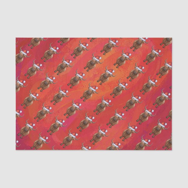 Highland cow in Santa Hat Pattern on Red Tissue Paper (Front)