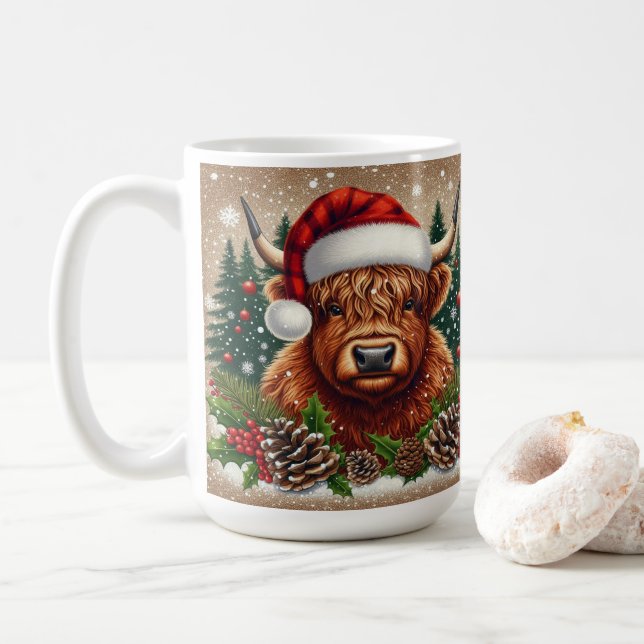 Highland Cow in Santa Hat With Holiday Decorations Coffee Mug (With Donut)